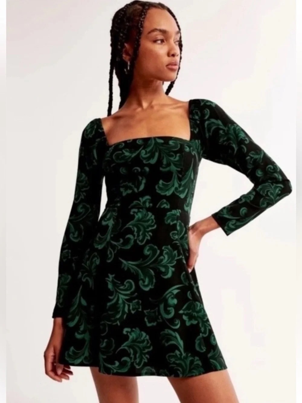 Abercrombie & Fitch Black Mini Dress with Green Baroque Print